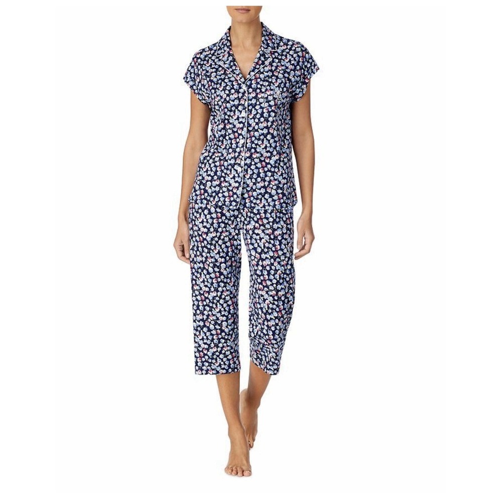 Lauren Ralph Lauren Pajama Set Women Medium Navy Floral Excellent Short Sleeve